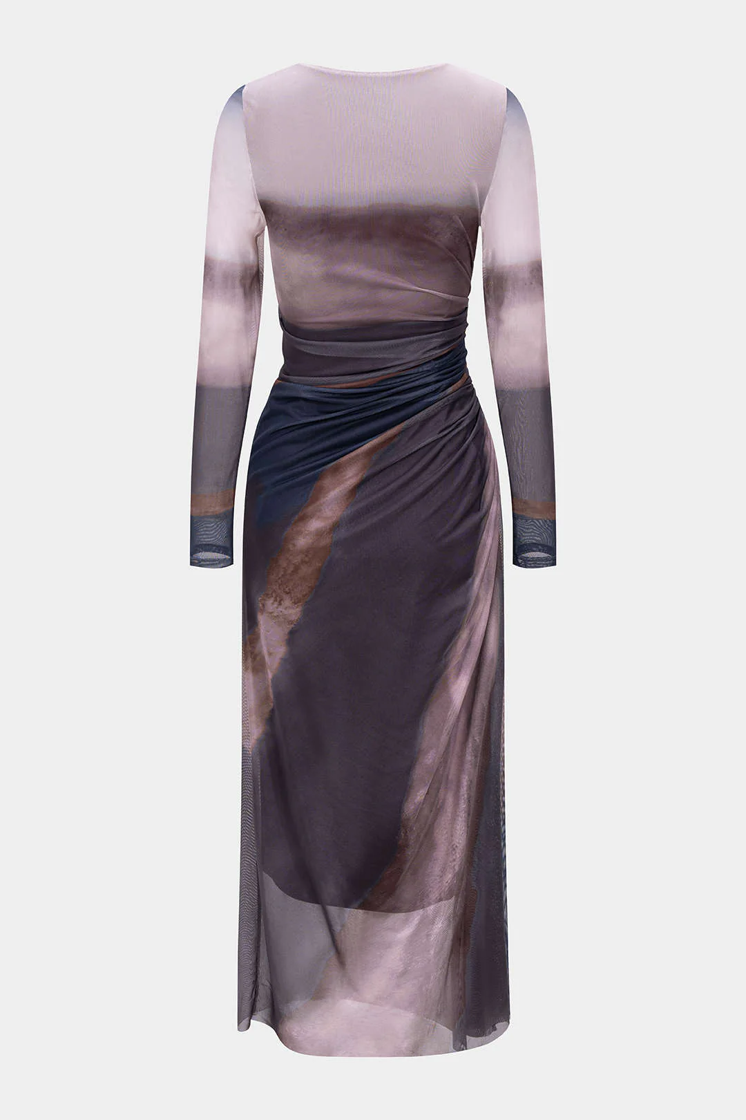 Tie-Dye Print Mesh Ruched Long Sleeve Maxi Dress - Flockneti