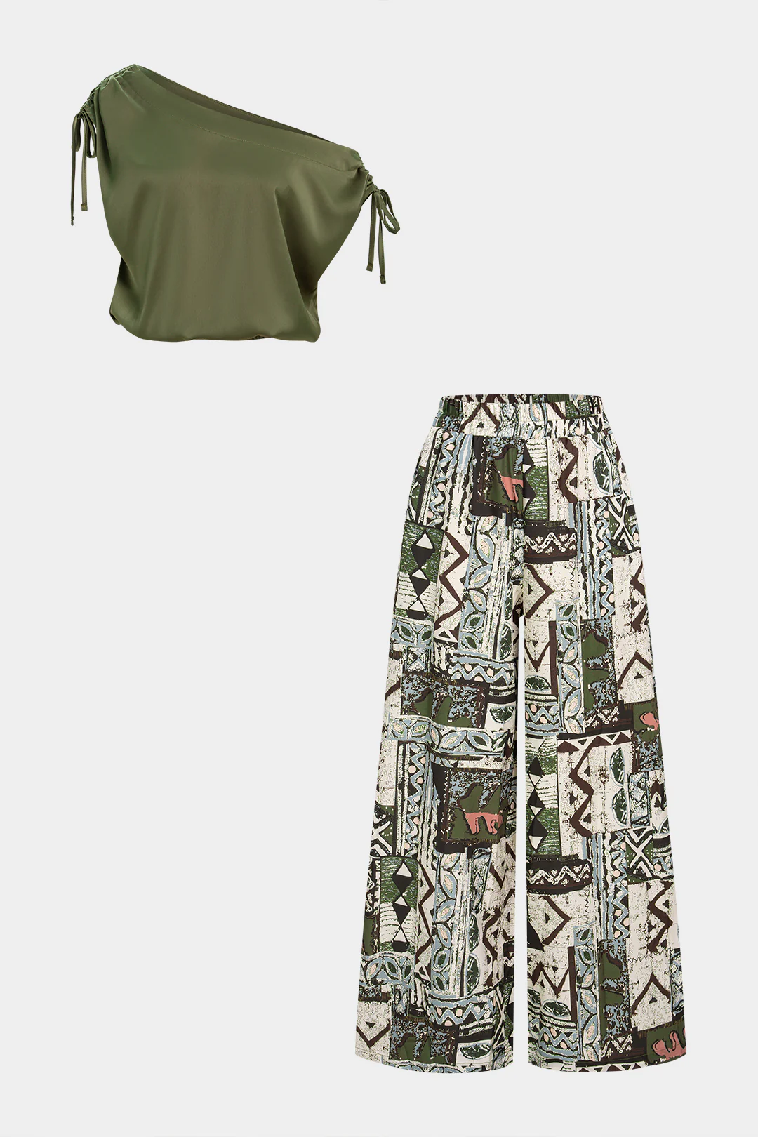 Satin One Shoulder Tie-Up Sleeveless Top And Geometric Print Wide-Leg Pants Set - Flockneti