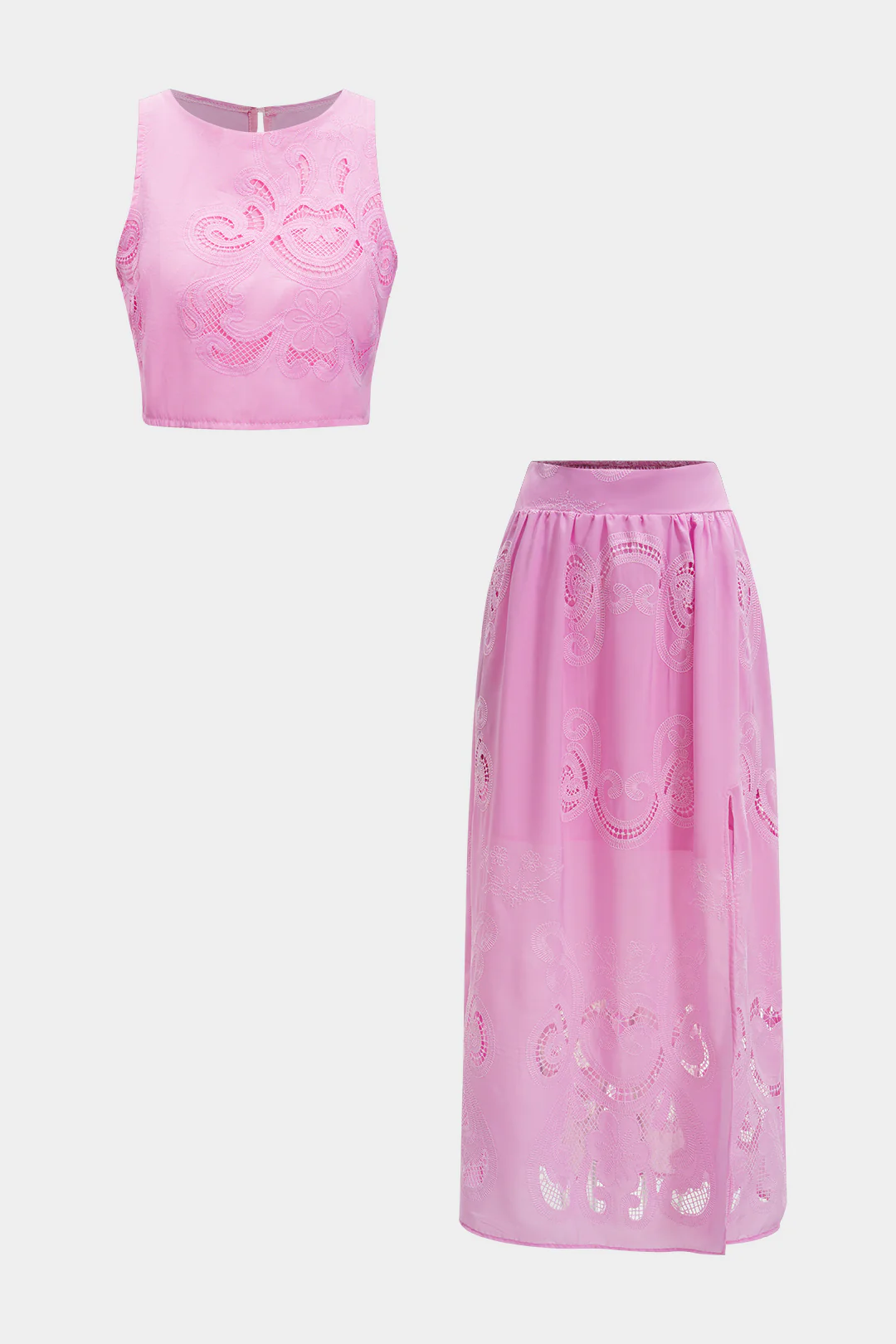 Hollow Out Embroidery Tank Top And Skirt Set - Flockneti