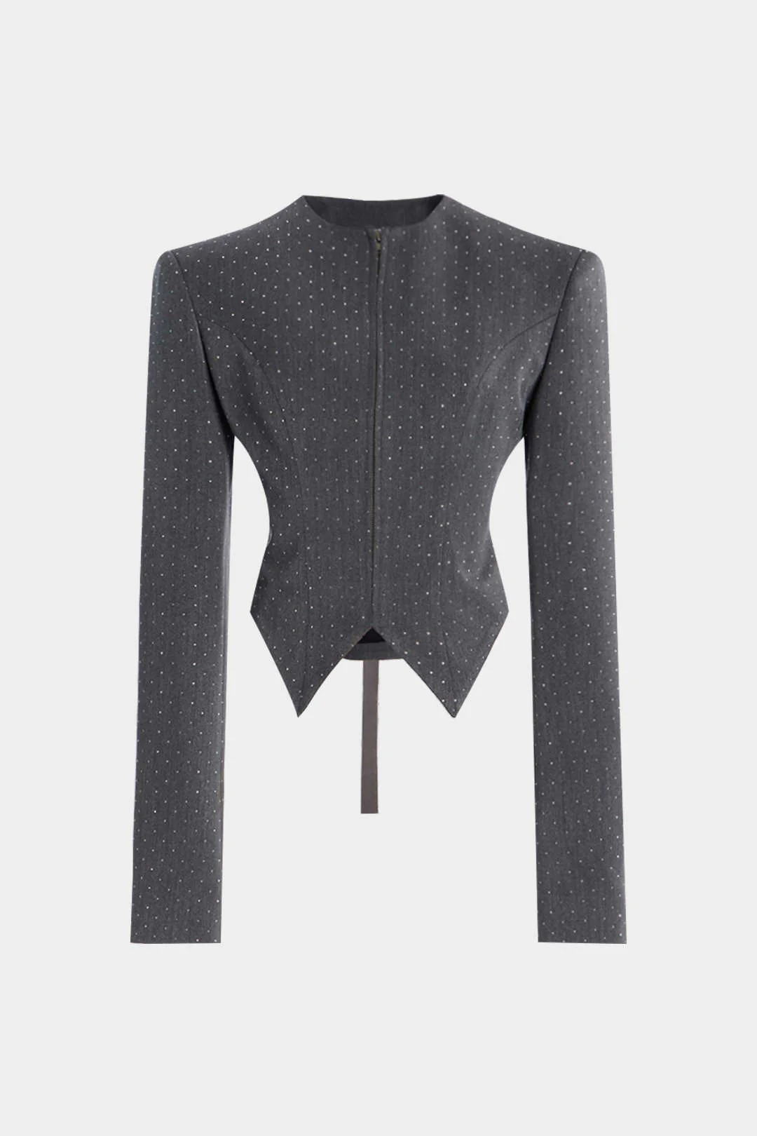 Diamond Print Zipper Belted Long-Sleeve Top - Flockneti