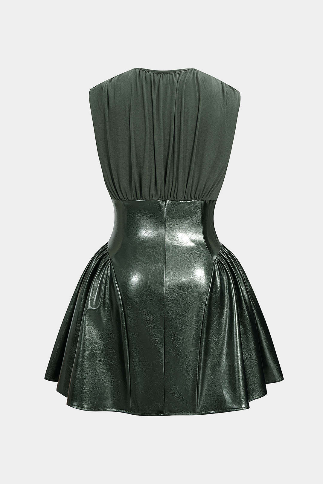 Faux Leather Patchwork Ruched Sleeveless Mini Dress - Flockneti