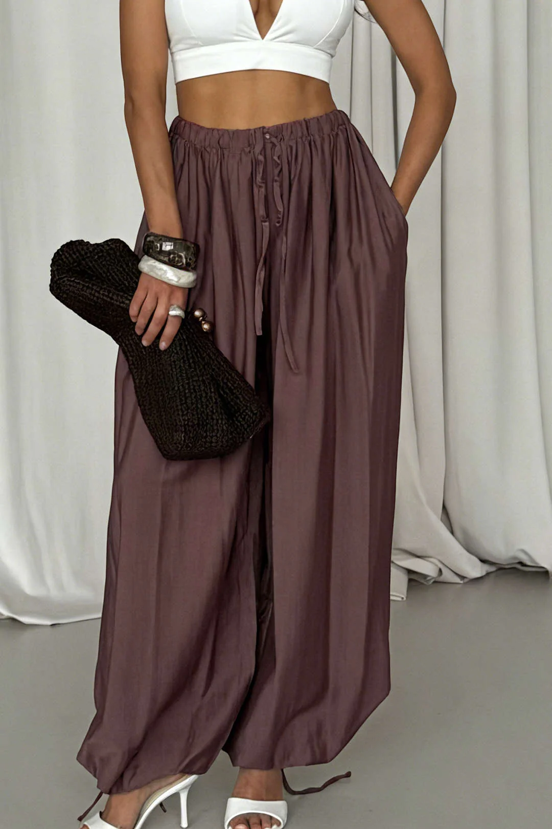 Ruched Drawstring Tie-Up High Waist Pants - Flockneti