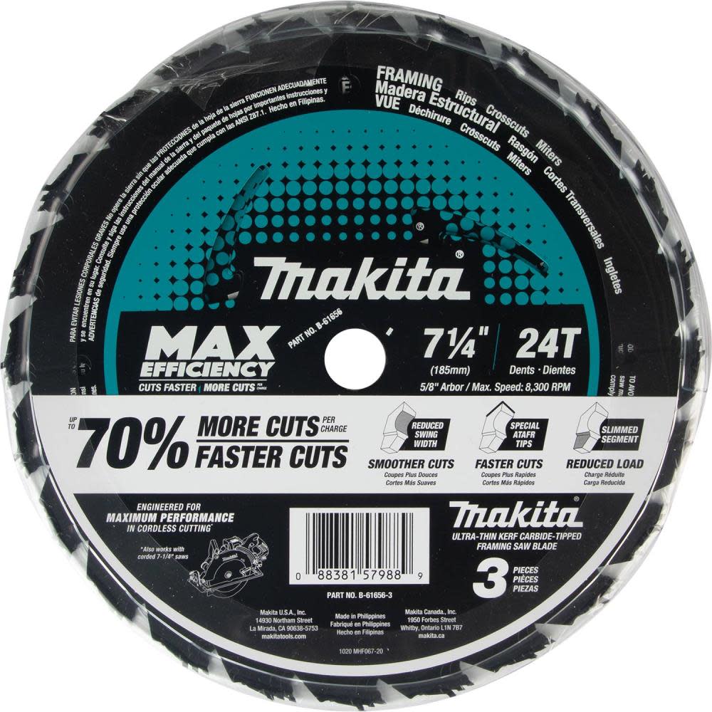 Makita Max Efficiency Circular Saw Blades 7 1/4″ 24T Carbide Tipped Framing 3pk - Flockneti