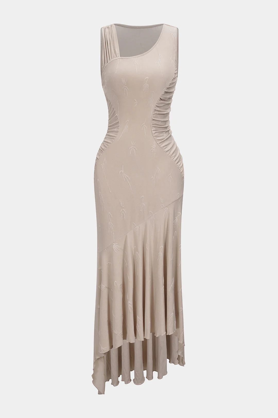 Flamingo Print Jacquard Ruched Asymmetrical Sleeveless Midi Dress - Flockneti