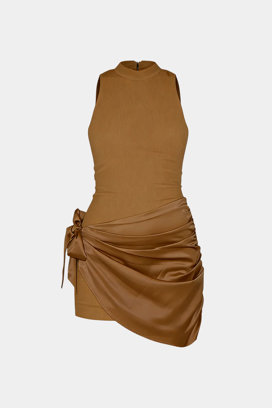 Plus Size Satin Patchwork Round Neck Ruched Tie-Up Sleeveless Mini Dress - Flockneti