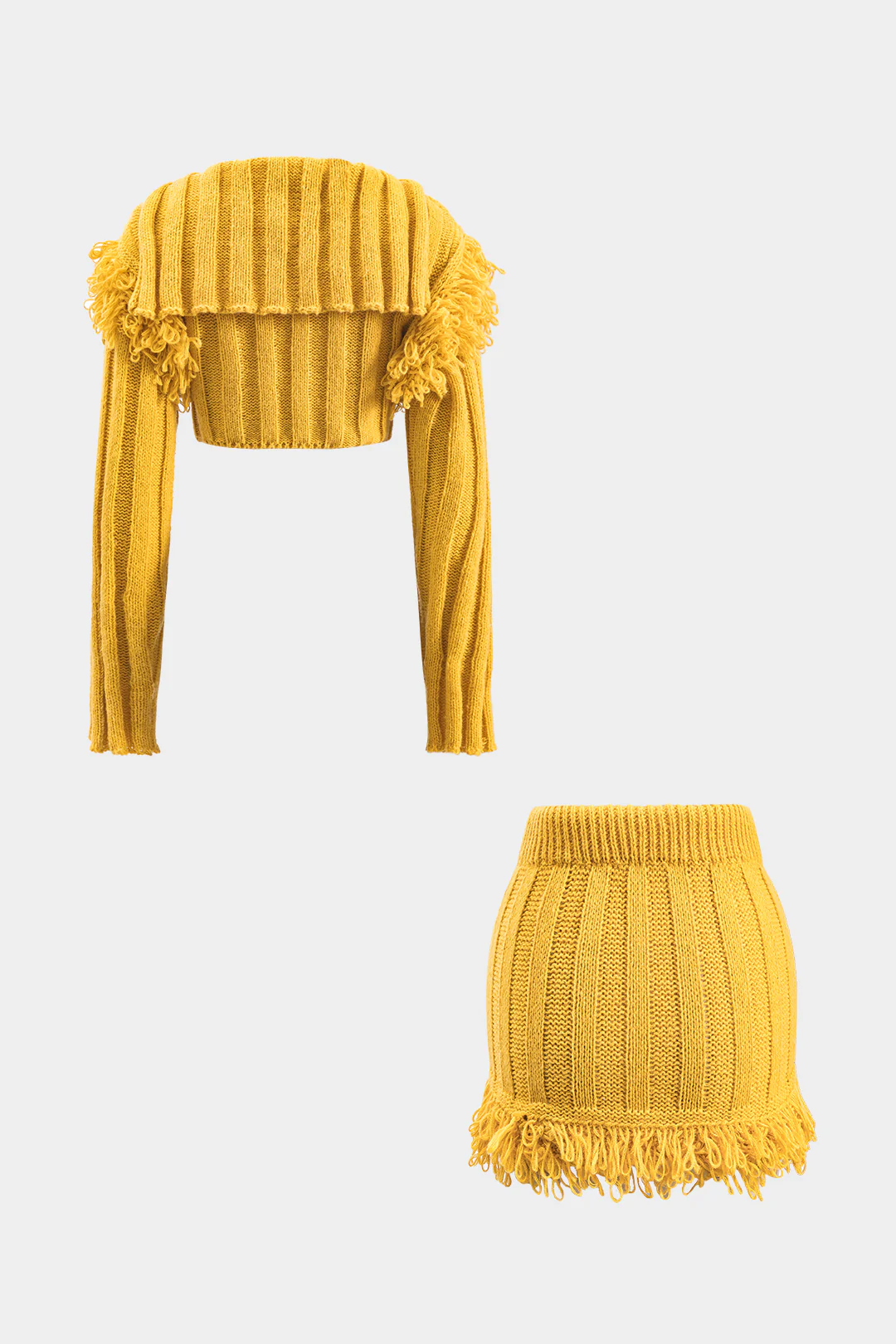 Knit Fringe Long-Sleeve Top And Drawstring Tie-Up Mini Skirt Set - Flockneti