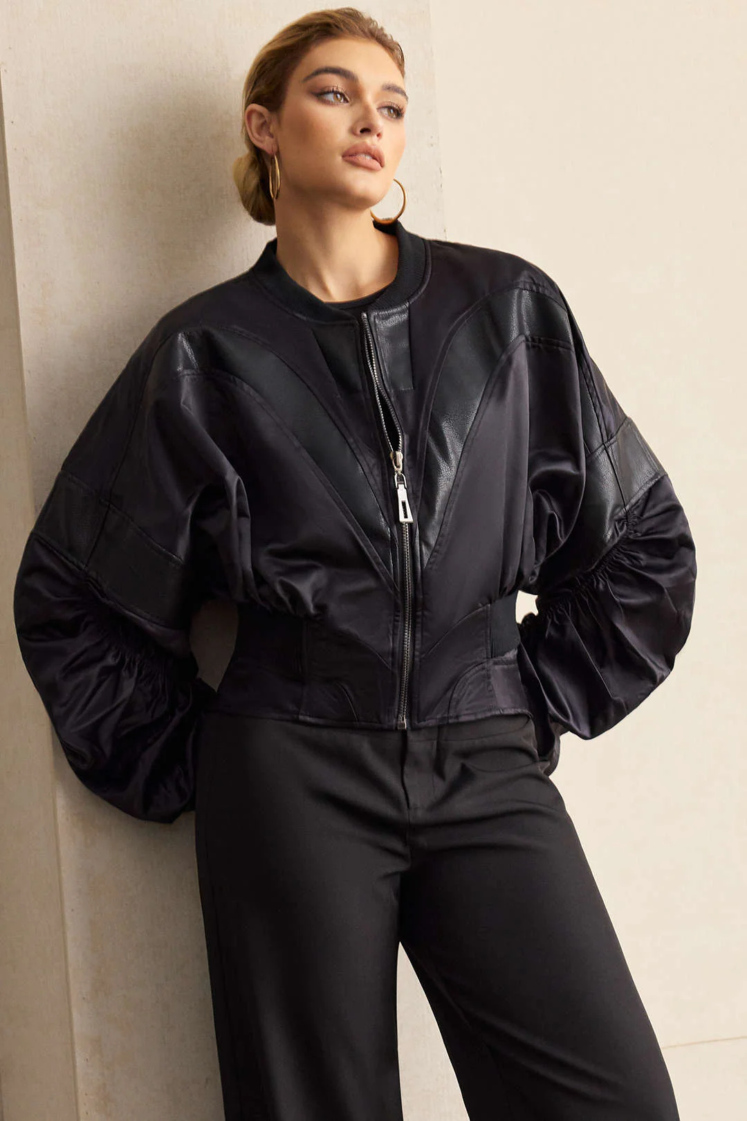 Faux Leather Patchwork Satin Zipper Jacket - Flockneti