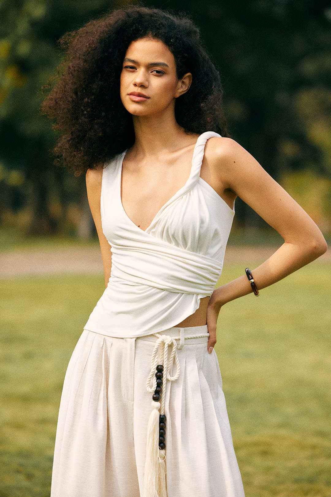 V-Neck Twist Knot Ruched Asymmetrical Tank Top - Flockneti