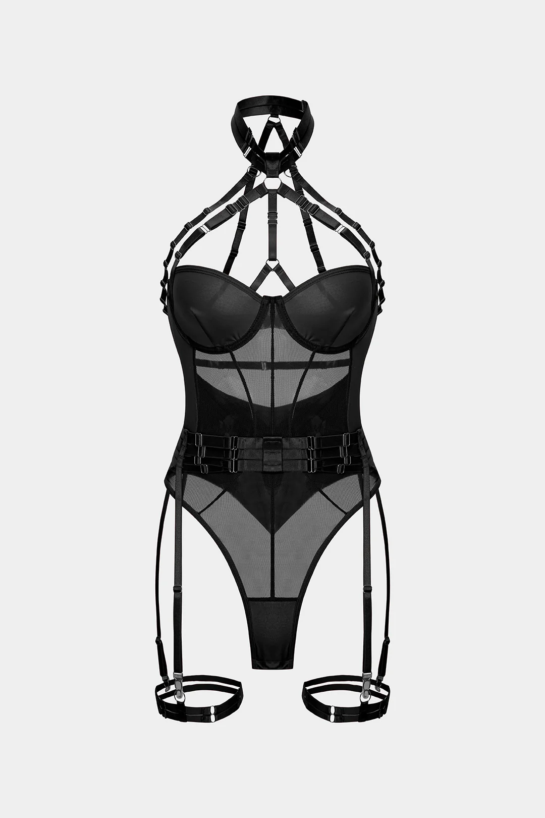 Mesh Chain Halter Neck Backless Lingerie Garter Set - Flockneti