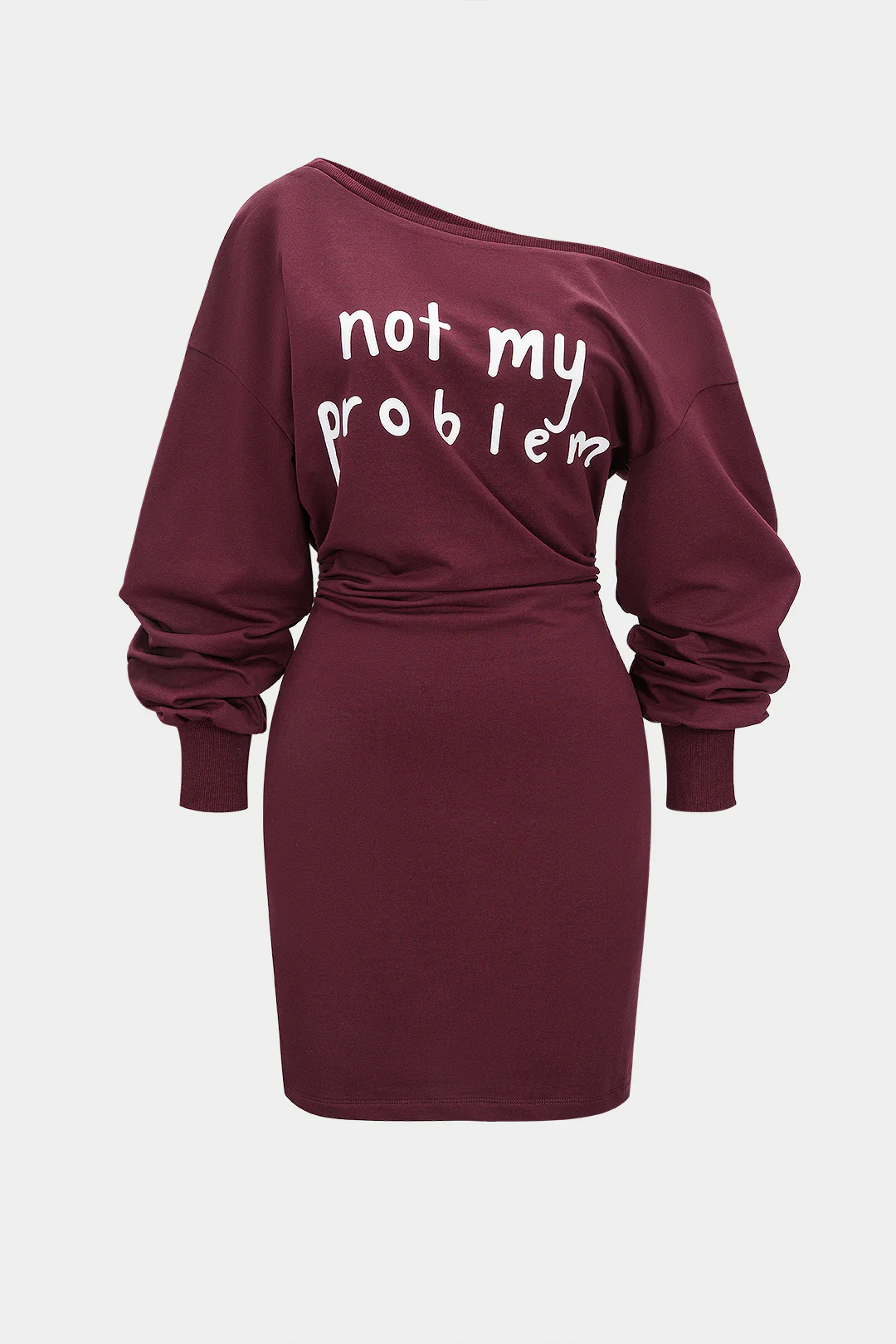 Letter Print One Shoulder Ruched Long Sleeve Mini Dress - Flockneti