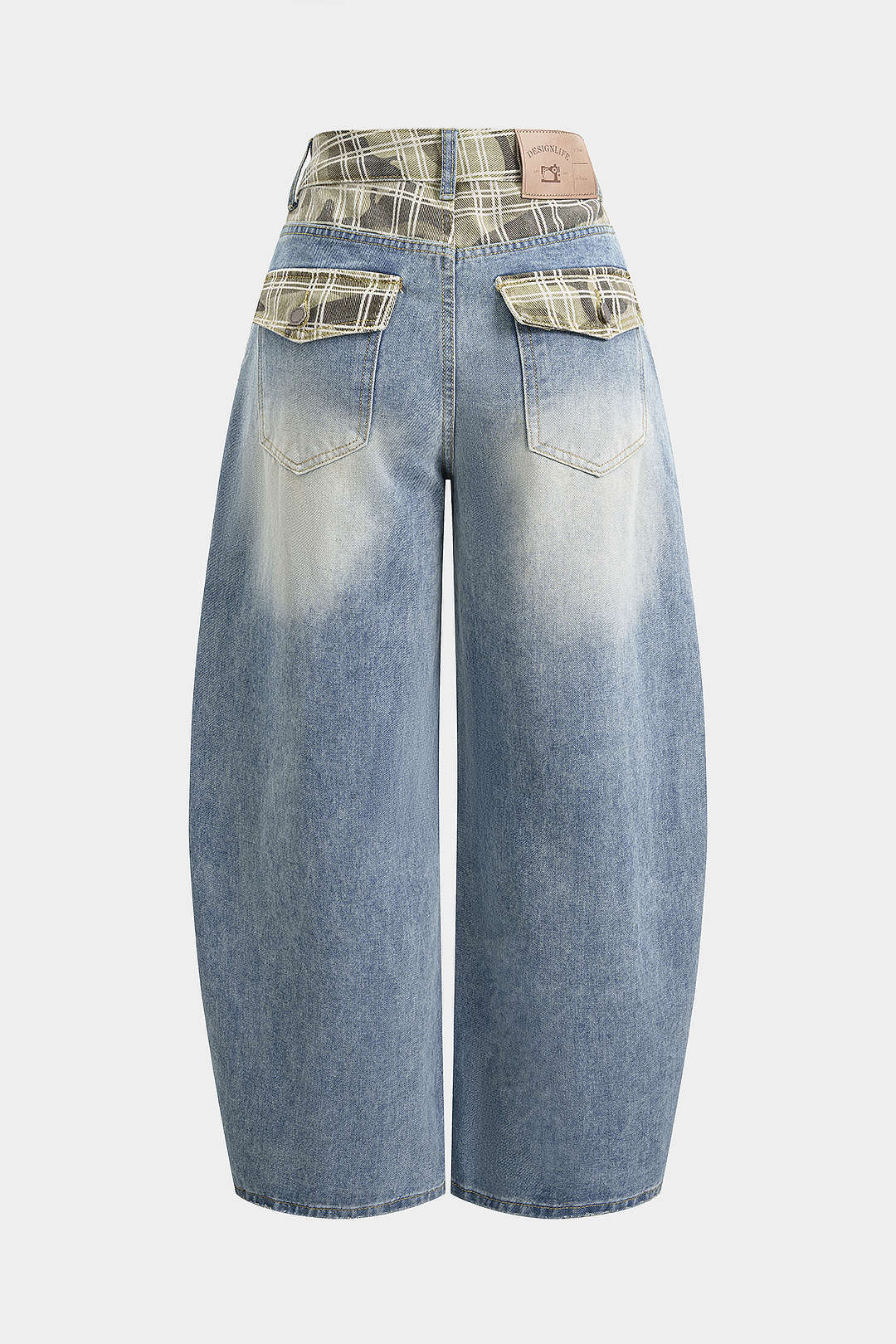 Denim Plaid Print Ripped Wide Leg Jeans - Flockneti