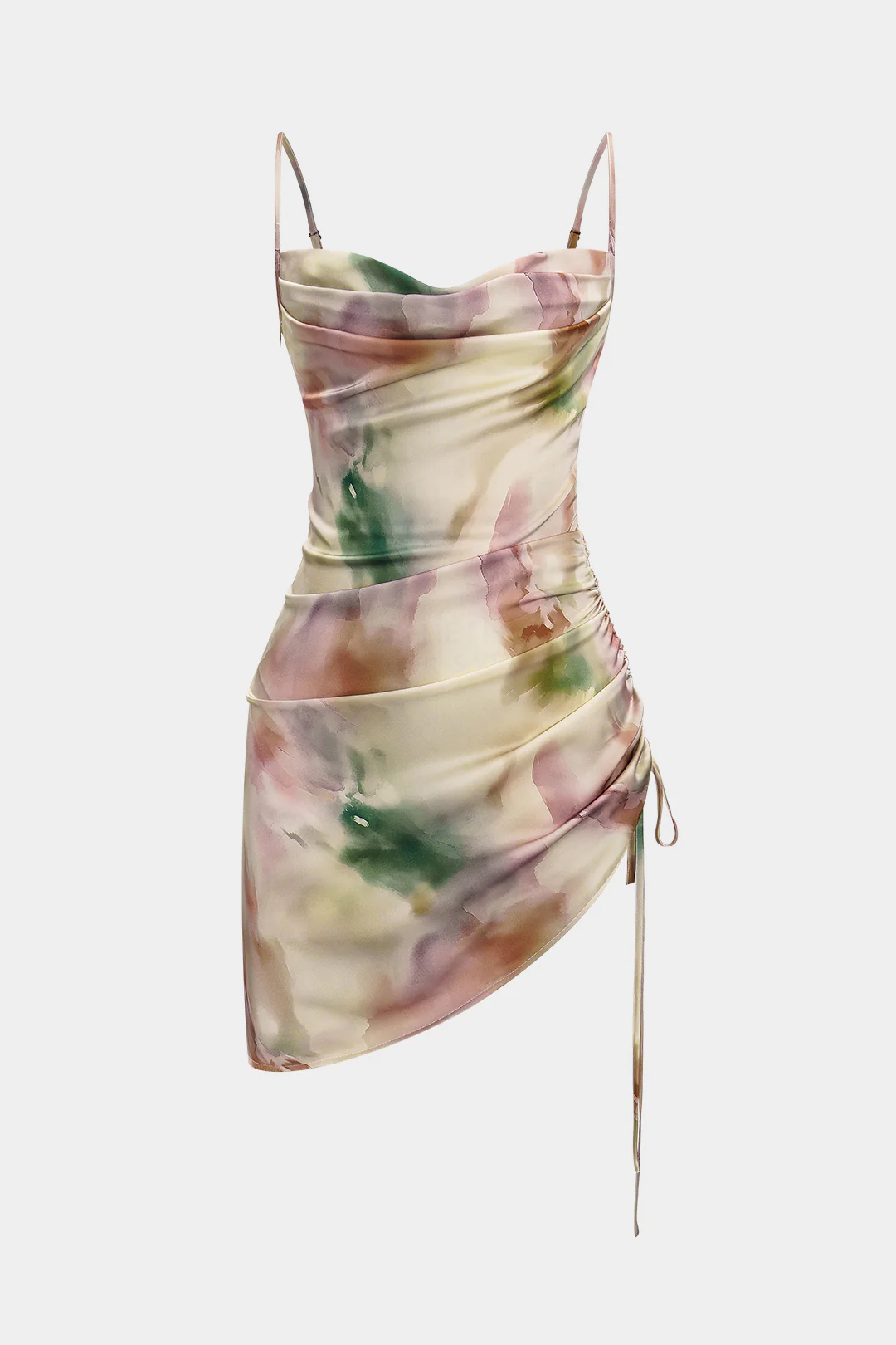 Tie Dye Ruched Drawstring Slip Sleeveless Mini Dress - Flockneti