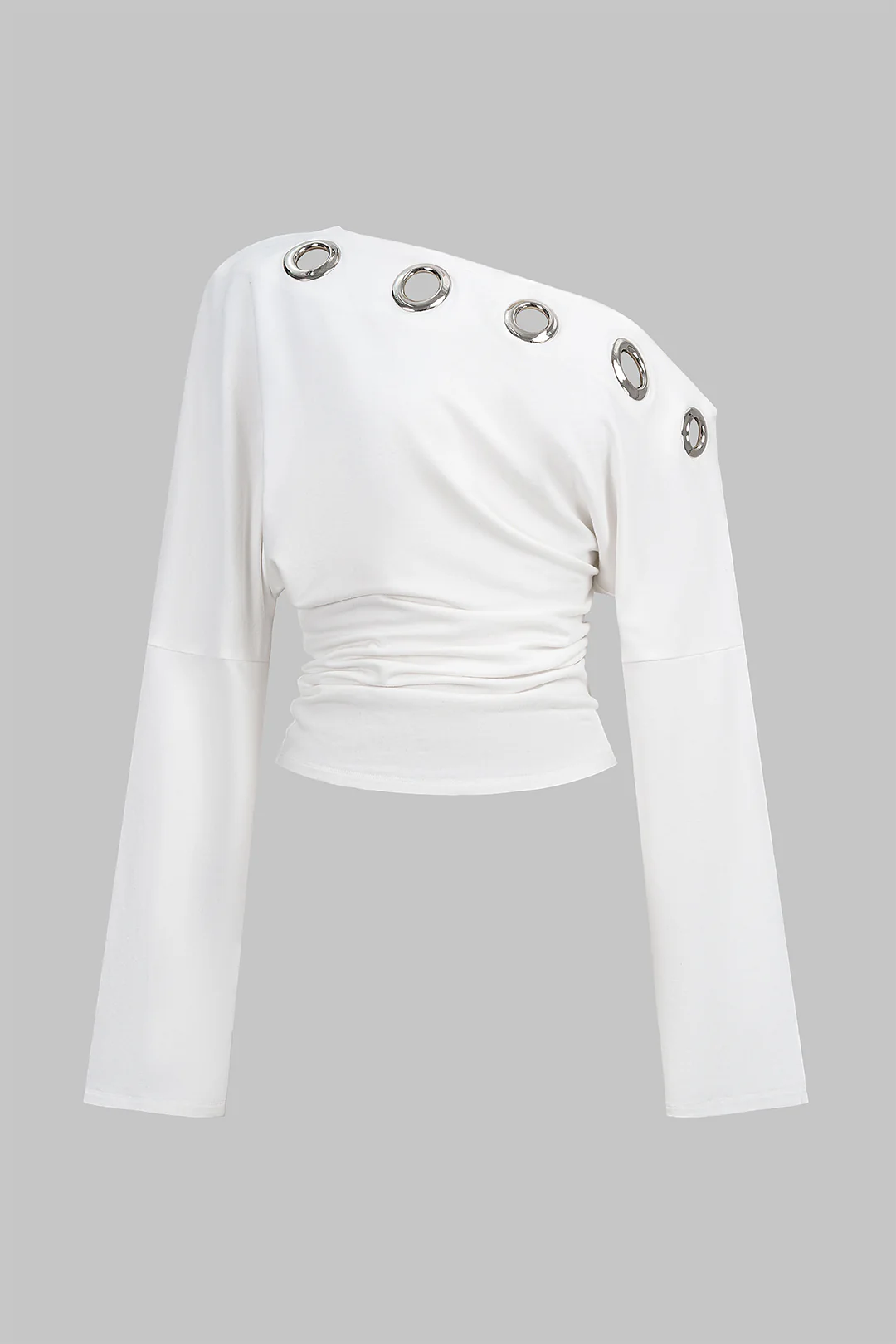 Metallic Eyelet Asymmetrical Long-Sleeve Top - Flockneti