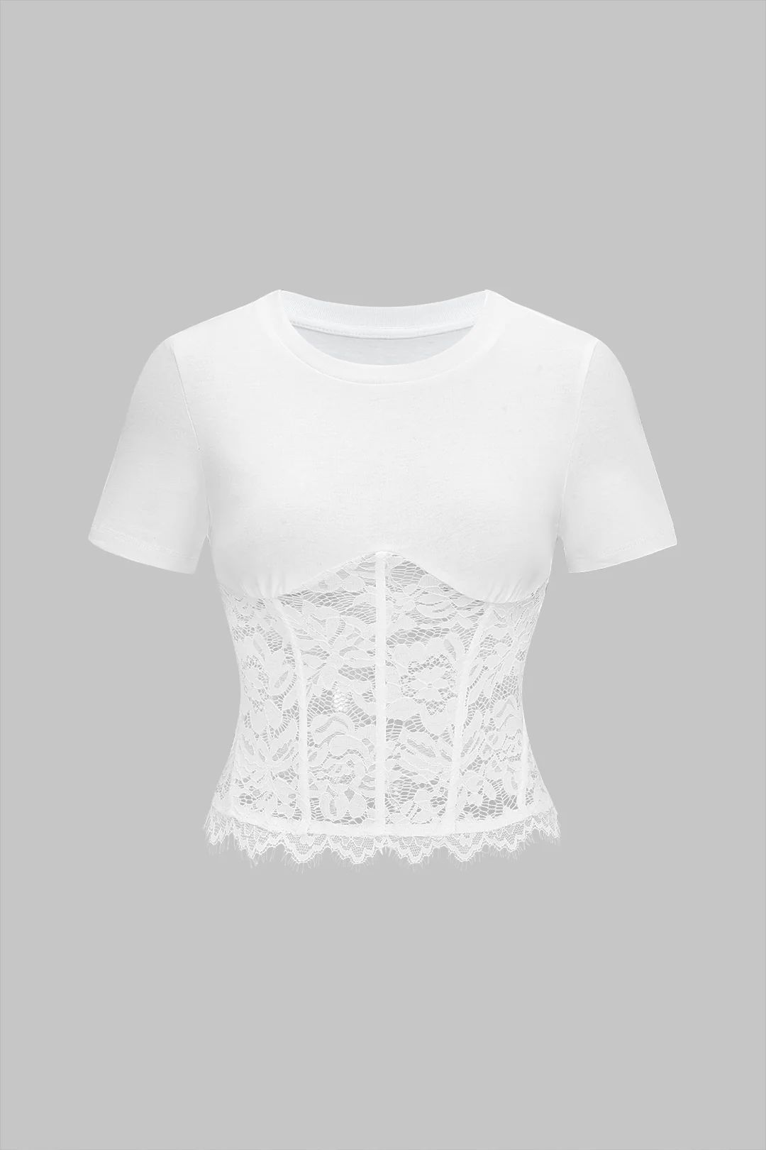 Lace Patchwork Round Sleeve Short Sleeve T-Shirt - Flockneti