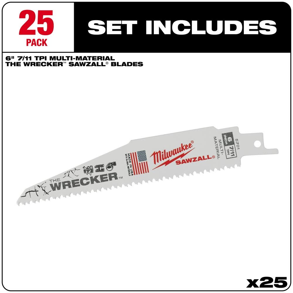 Milwaukee The Wrecker Multi-Material SAWZALL Blade 6 in. 7/11TPI 25PK - Flockneti
