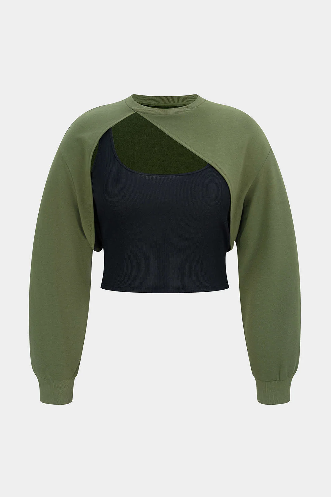 Plus Size Contrast Asymmetrical Cut Out Long-Sleeve Top - Flockneti