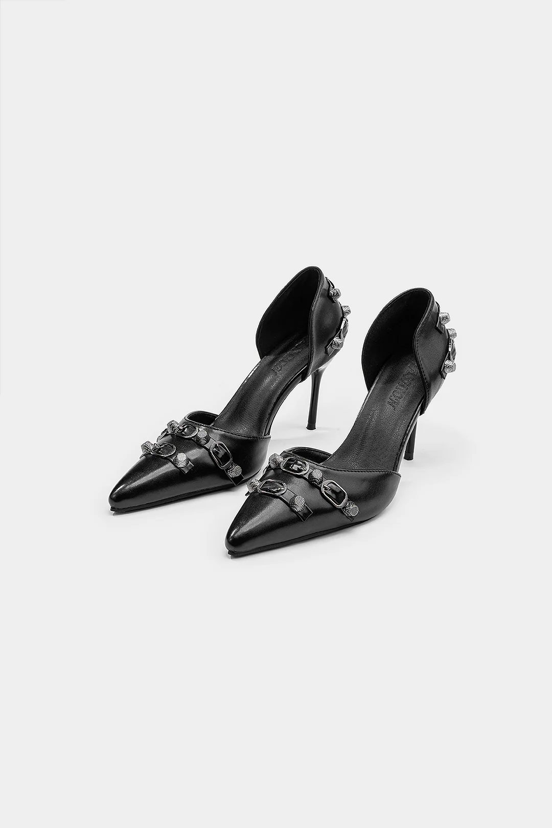 Studded Rivet Faux Leather Pointed Heels - Flockneti