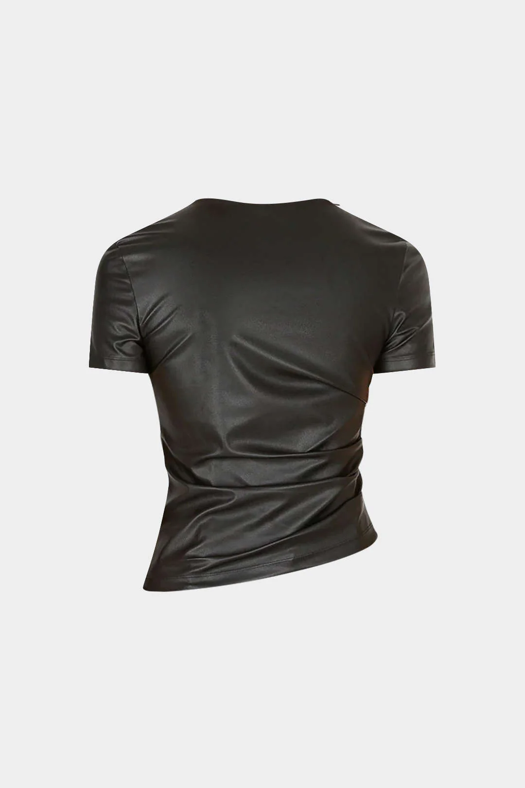 Faux Leather Round Neck Ruched Short-Sleeve Top - Flockneti