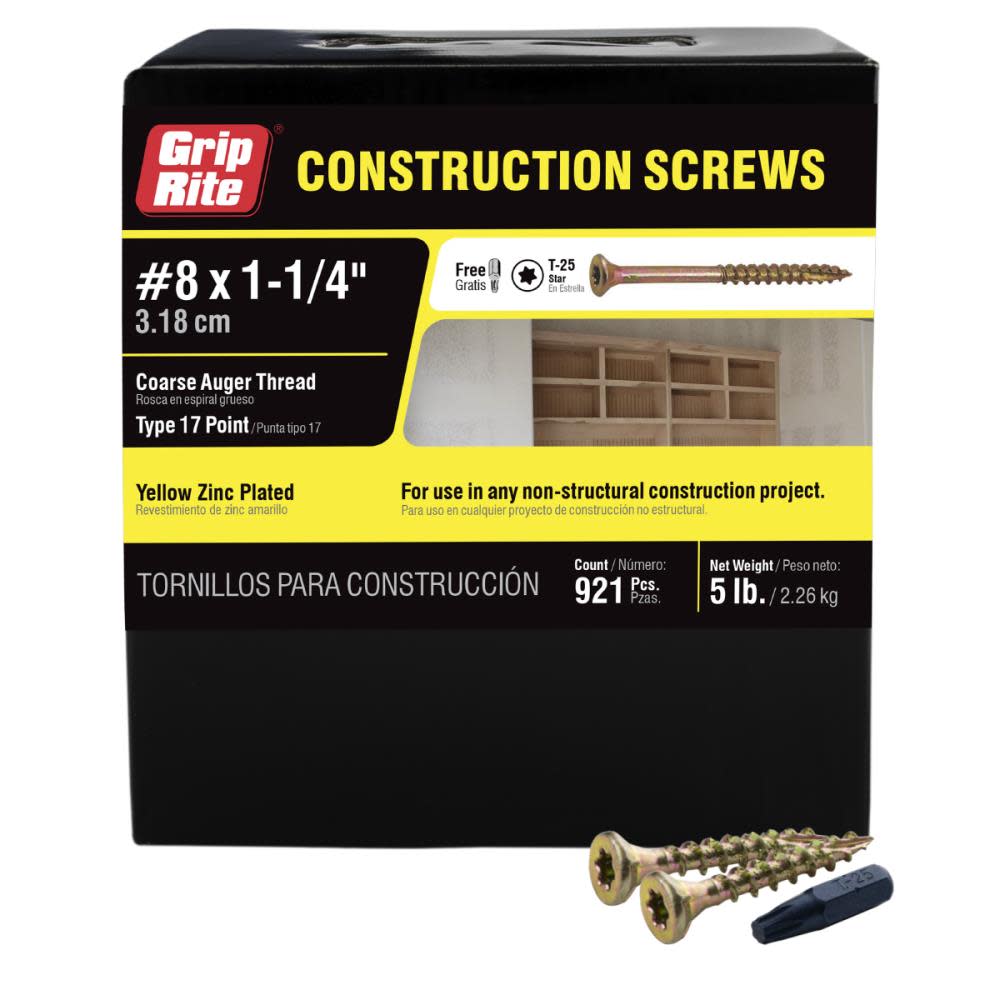 Grip Rite Screws #8 x 1.25″ Bugle-Head Yellow Zinc Type 17 Star-Drive Interior Wood 5lbs - Flockneti