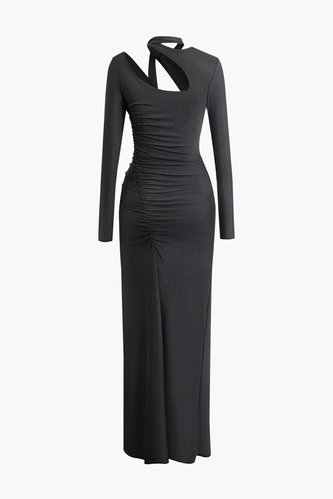 Ruched Asymmetrical Cut Out Long Sleeve Maxi Dress With Scarf - Flockneti