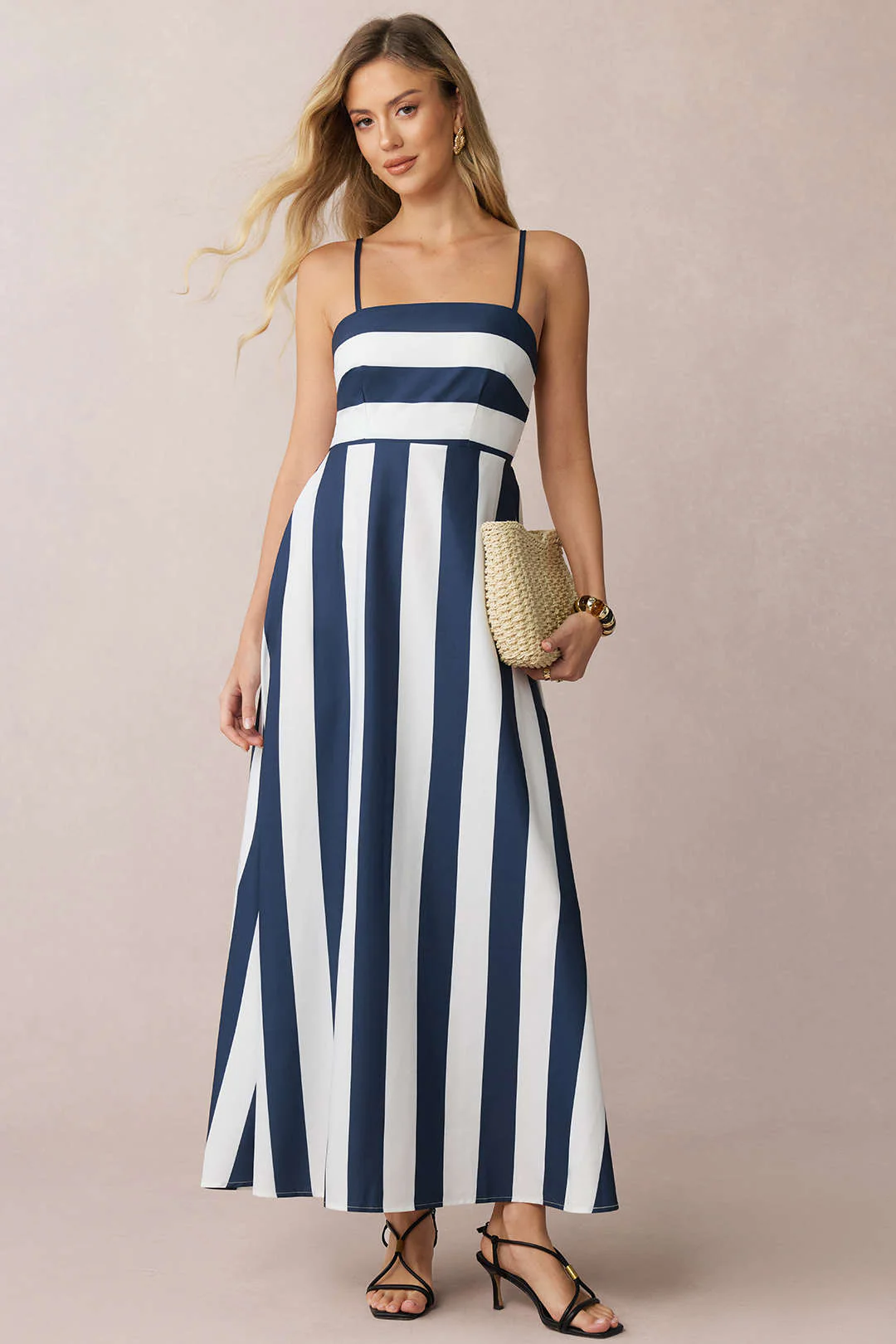 Stripes Print Smocked Backless Sleeveless Maxi Dress - Flockneti