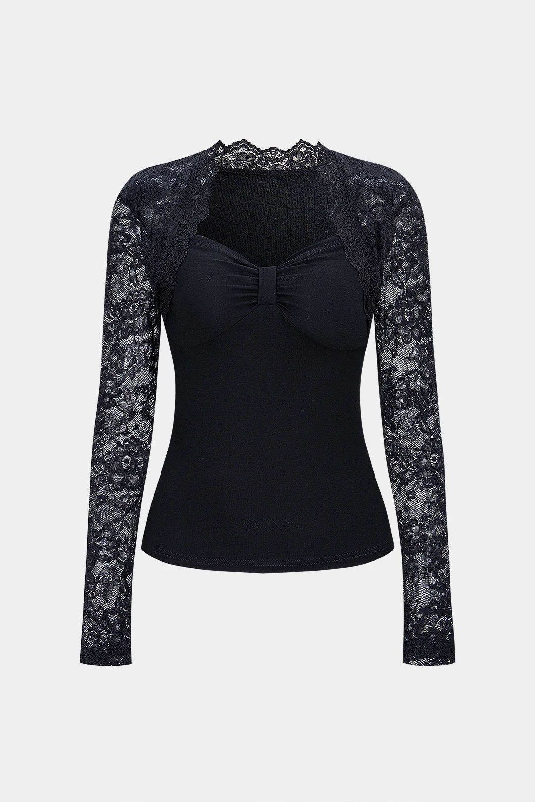 Lace Patchwork Ruched Long-Sleeve Top - Flockneti