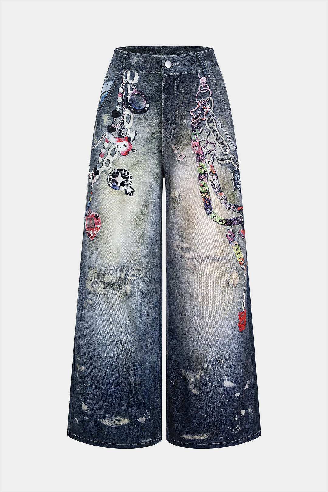 Denim Graffiti Print High Waist Wide Leg Jeans - Flockneti