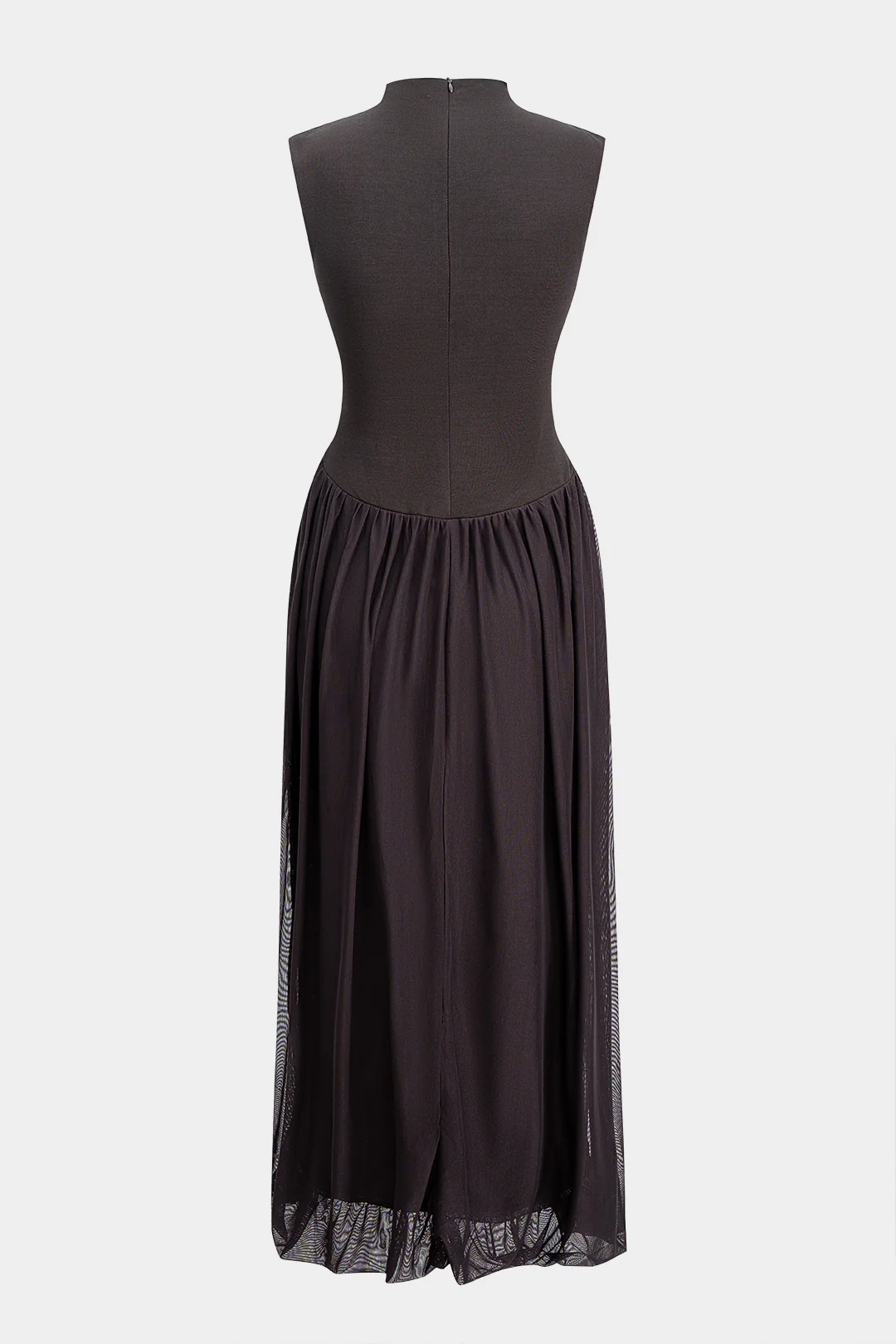 Patchwork Mesh Mock Neck Ruched Sleeveless Midi Dress - Flockneti