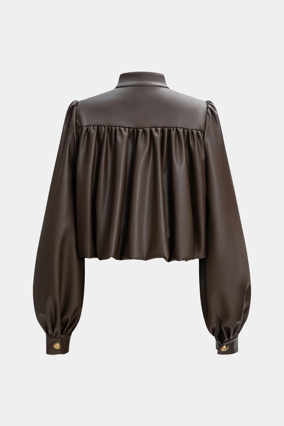 Faux Leather Mock Neck Metallic Button Ruched Jacket - Flockneti