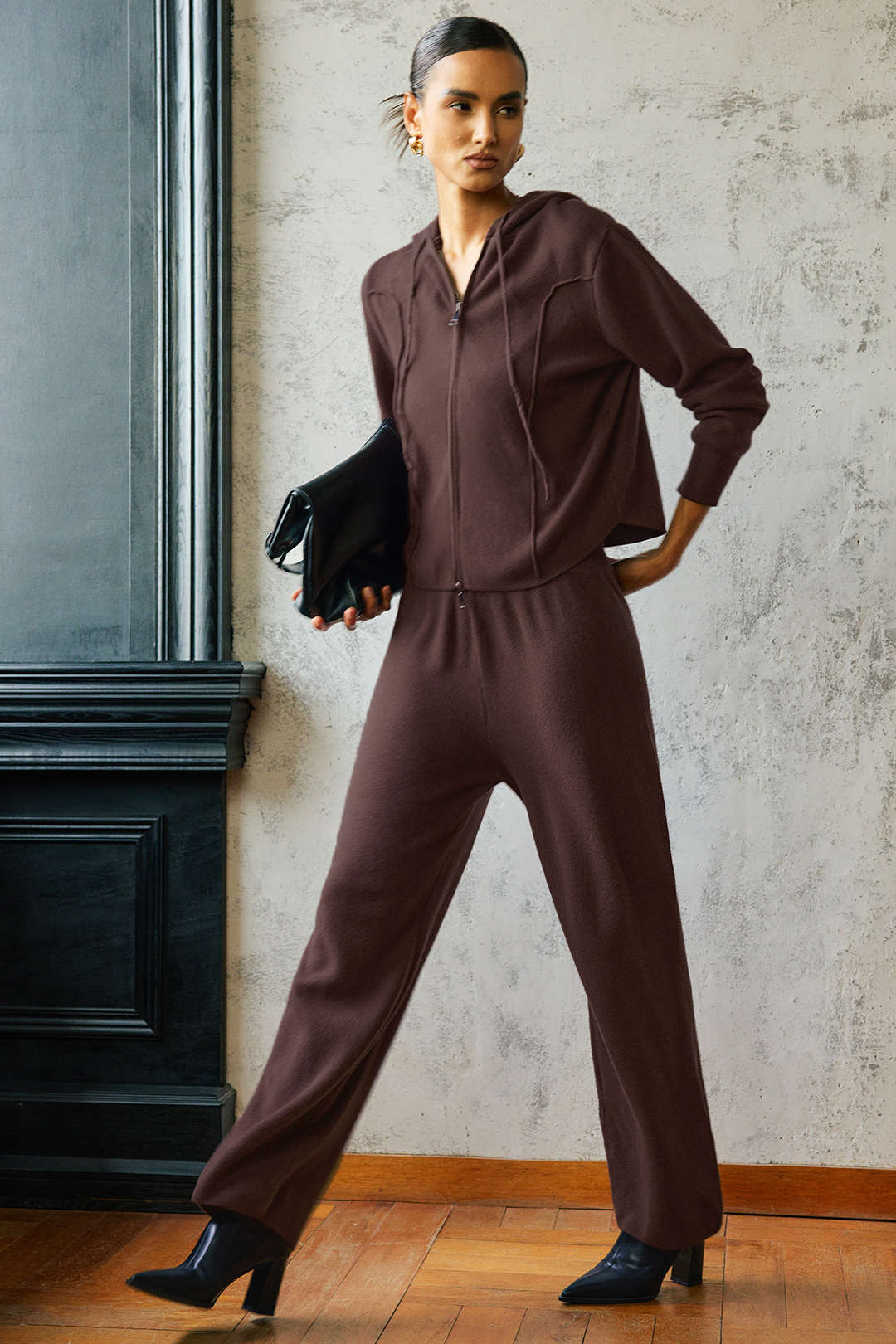 Knit Zipper Hooded Sweater Caedigan And Wide Leg Pants Set - Flockneti