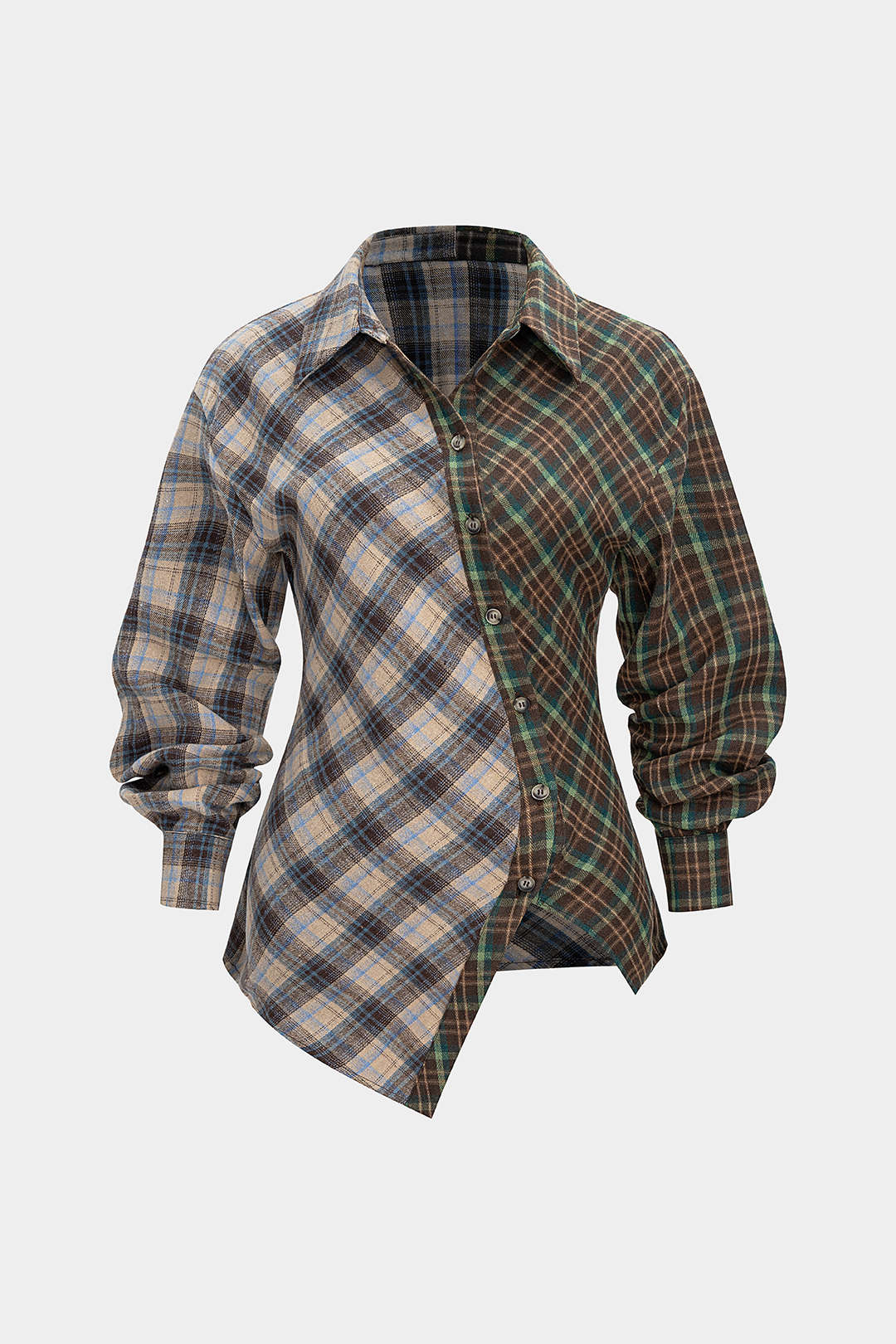 Plaid Print Asymmetrical Button Long-Sleeve Shirt - Flockneti