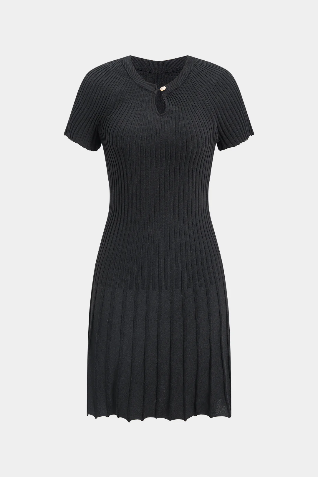 Knit Ribbed Pleated Waist-Cinched Short Sleeve Dress - Flockneti