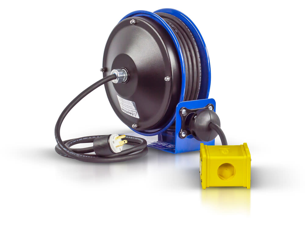 Coxreels Hose Reel 30′ Compact Spring Driven Cord Quad Receptacle with 12GA Steel Base - Flockneti