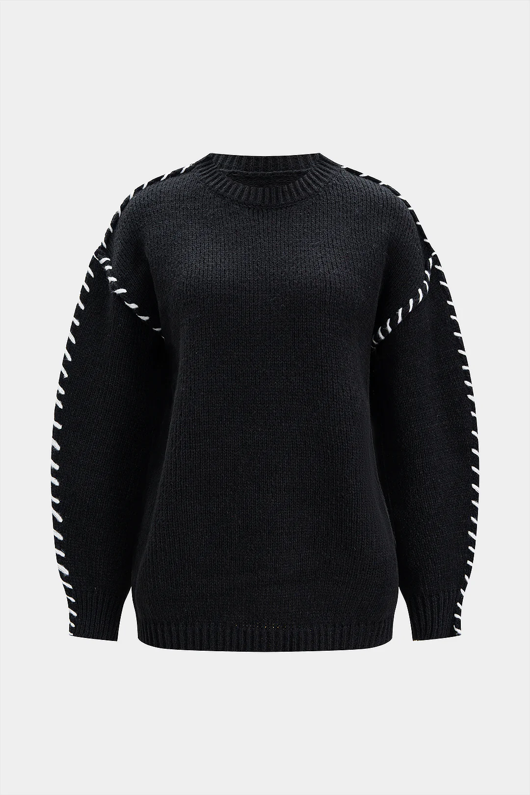 Knit Round Neck Contrast Long-Sleeve Top - Flockneti