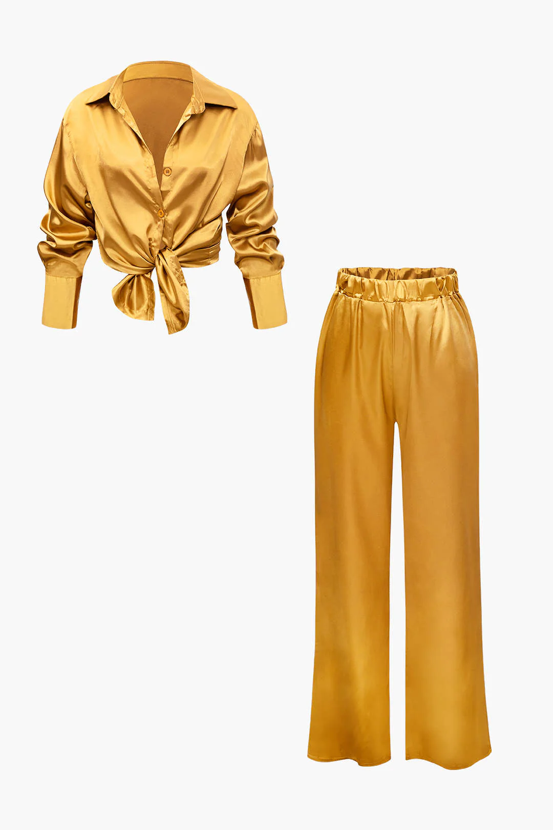 Satin Button Up Long Sleeve Shirt And Pants Set - Flockneti