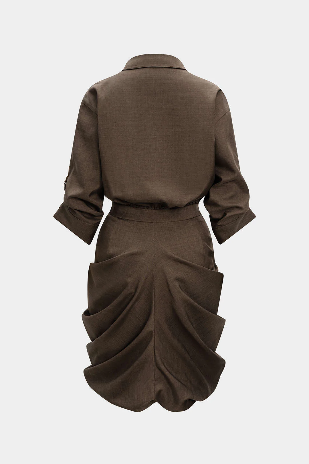 Ruched Button V-Neck Long Sleeve Midi Dress - Flockneti
