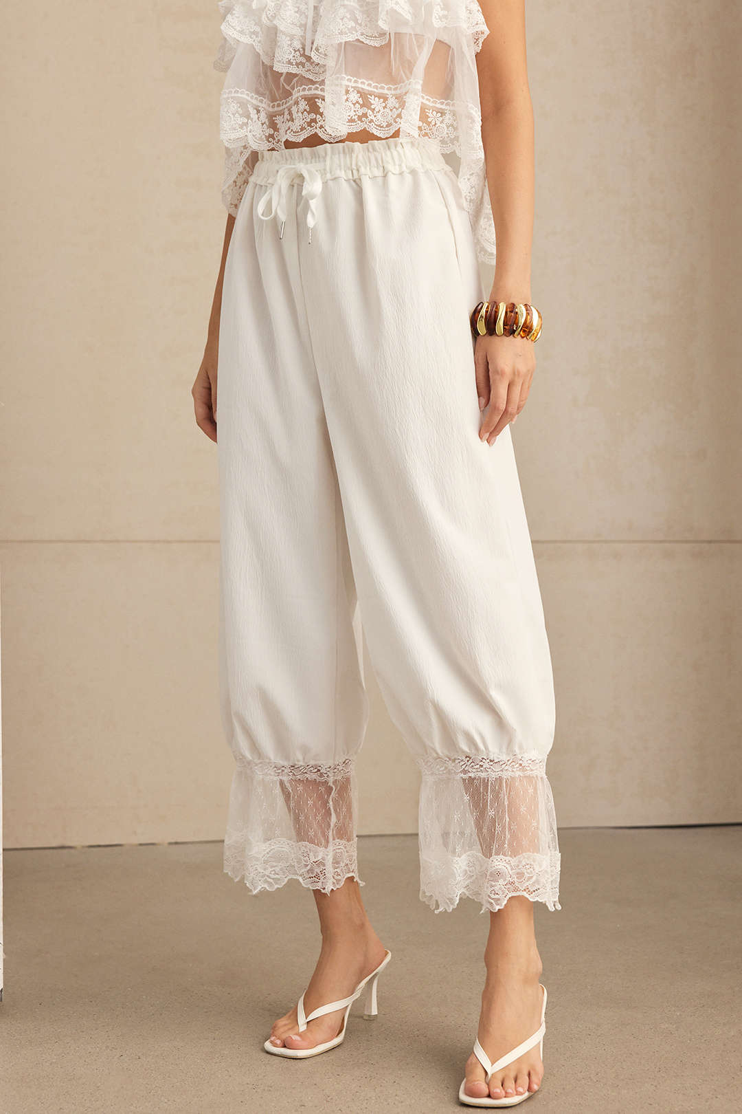 Patchwork Lace Drawstring Shirred Waistband Lantern Pants - Flockneti