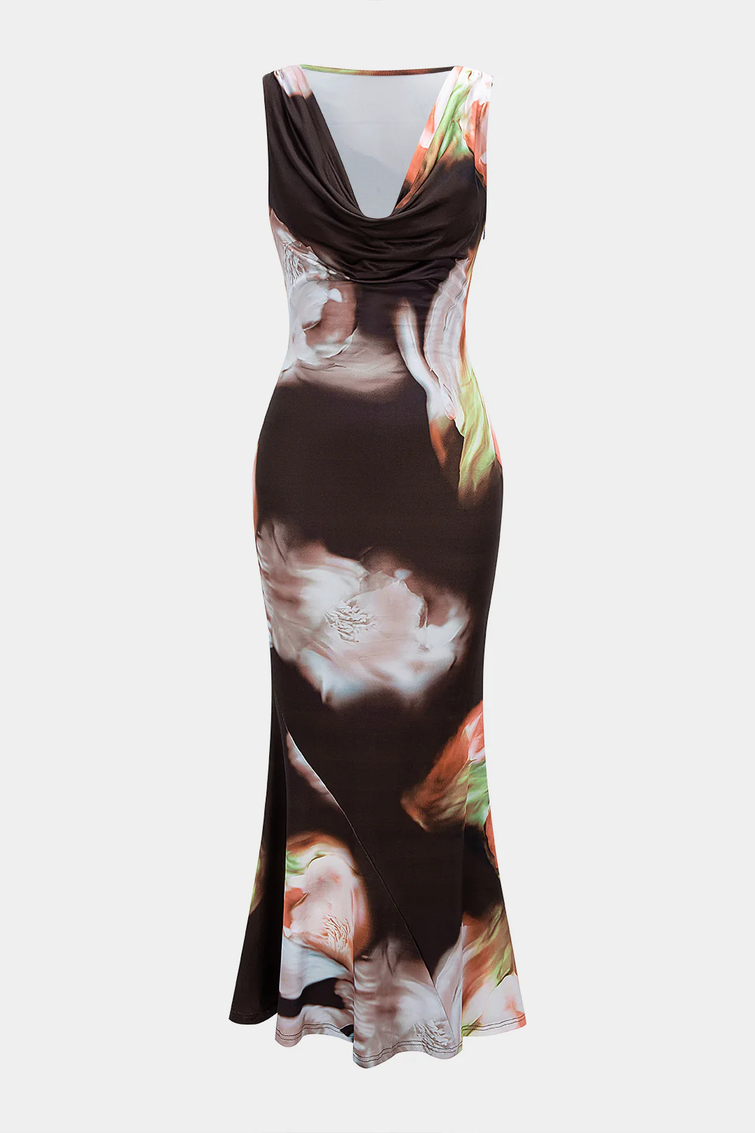 Floral Print Draped Cowl Neck Sleeveless Maxi Dress - Flockneti