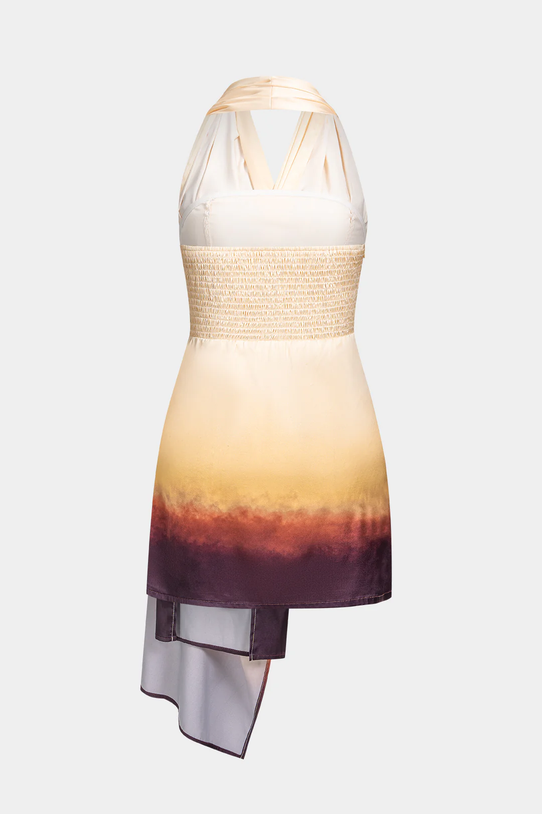 Ombre Contrast Print Halter V-Neck Asymmetrical Ruched Sleeveless Mini Dress - Flockneti