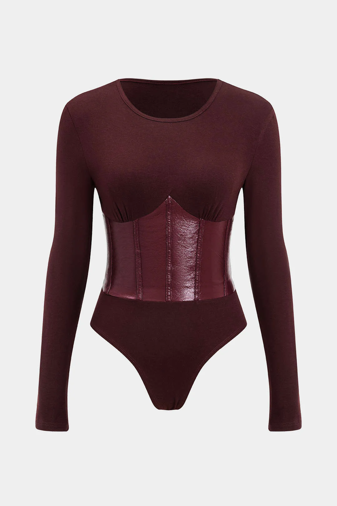 Patchwork Faux Leather Long Sleeve Bodysuit - Flockneti