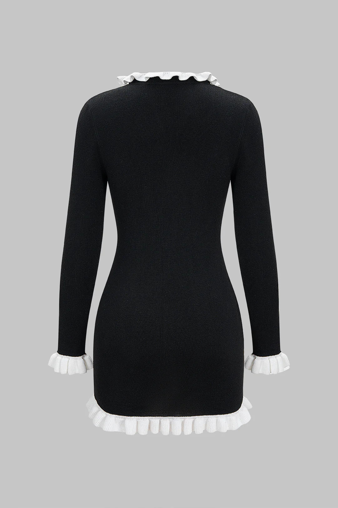 Knit Contrast Ruffels Button Long Sleeve Dress - Flockneti