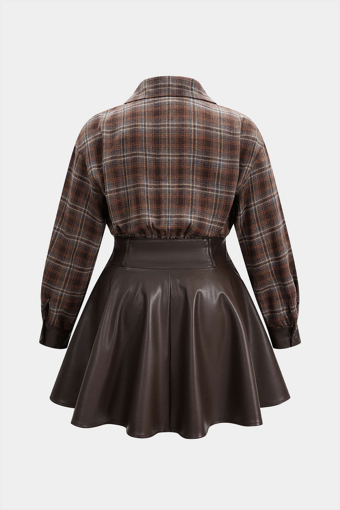 Plus Size Plaid Print Faux Leather Patchwork V-Neck Long Sleeve Mini Dress - Flockneti