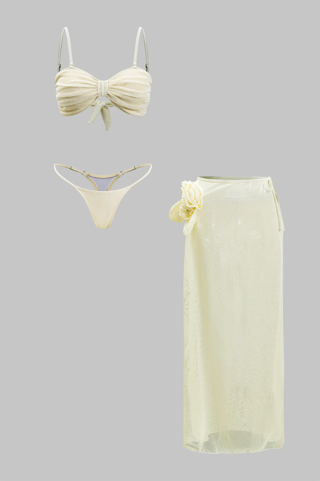 3PC 3D Floral Decor Tie Up Cut Out Bikini Set - Flockneti