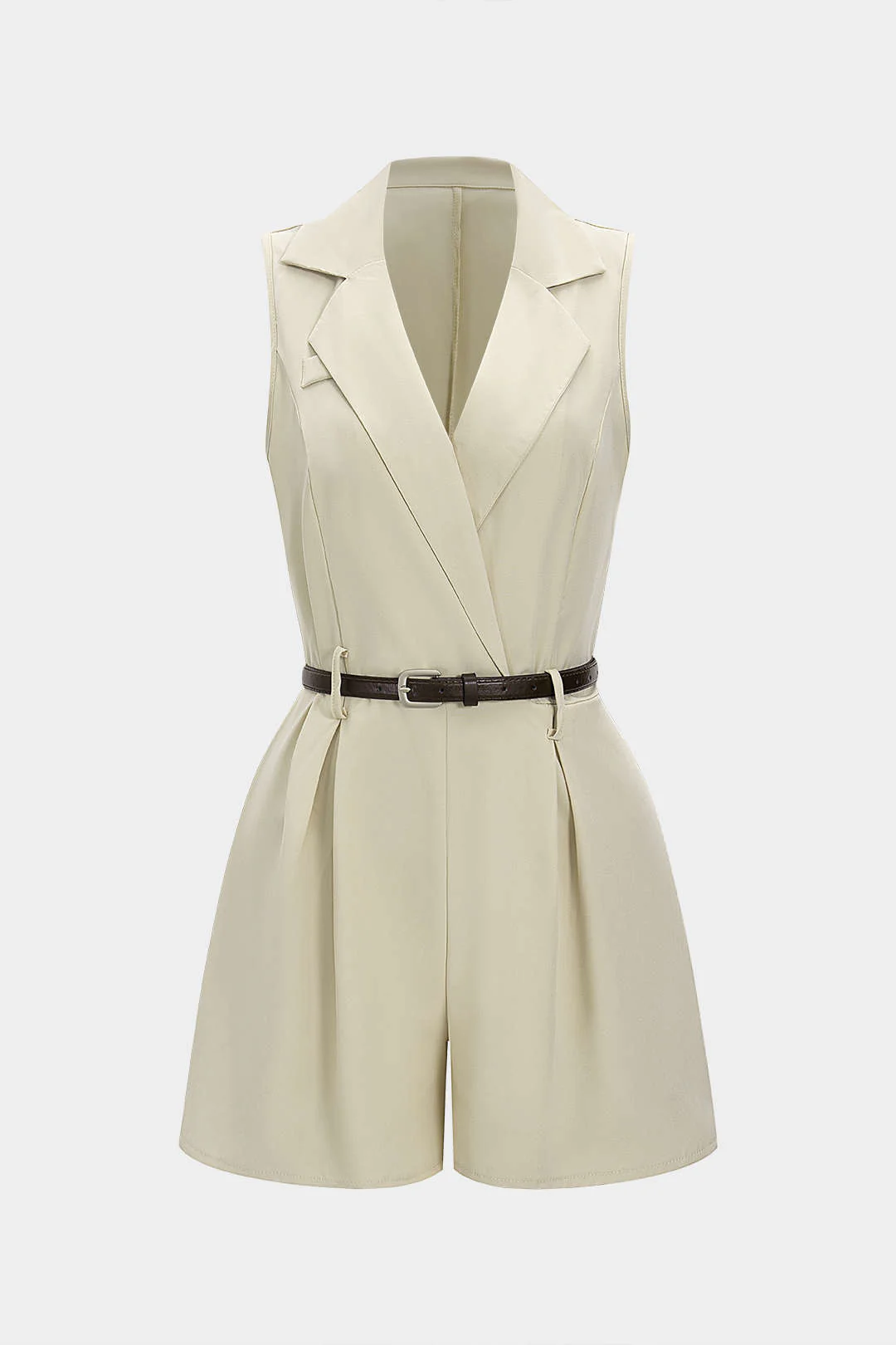 V-Neck Belted Ruched Sleeveless Romper - Flockneti