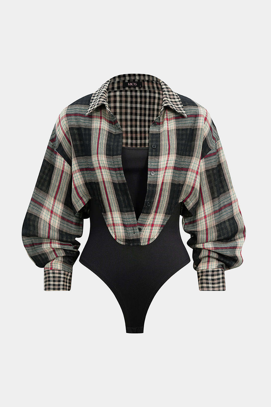 Plaid Print Long Sleeve Bodysuit - Flockneti