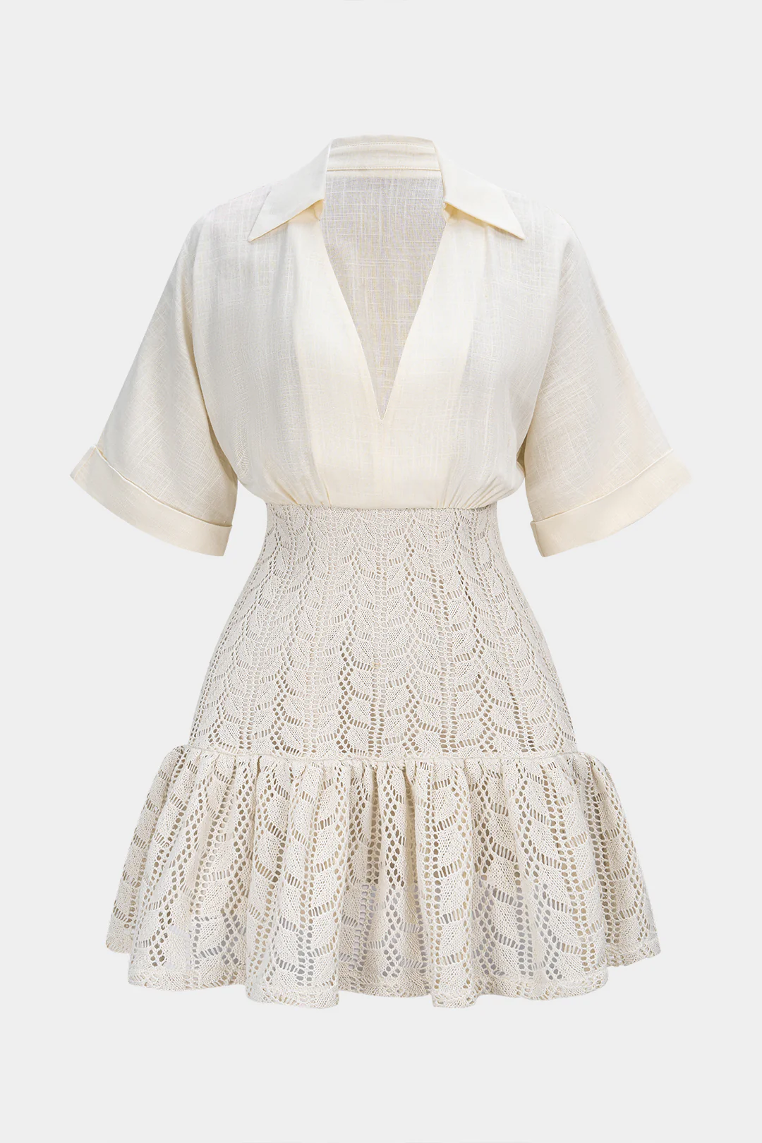 Jacquard Patchwork linen Ruched V-Neck Short Sleeve Mini Dress - Flockneti