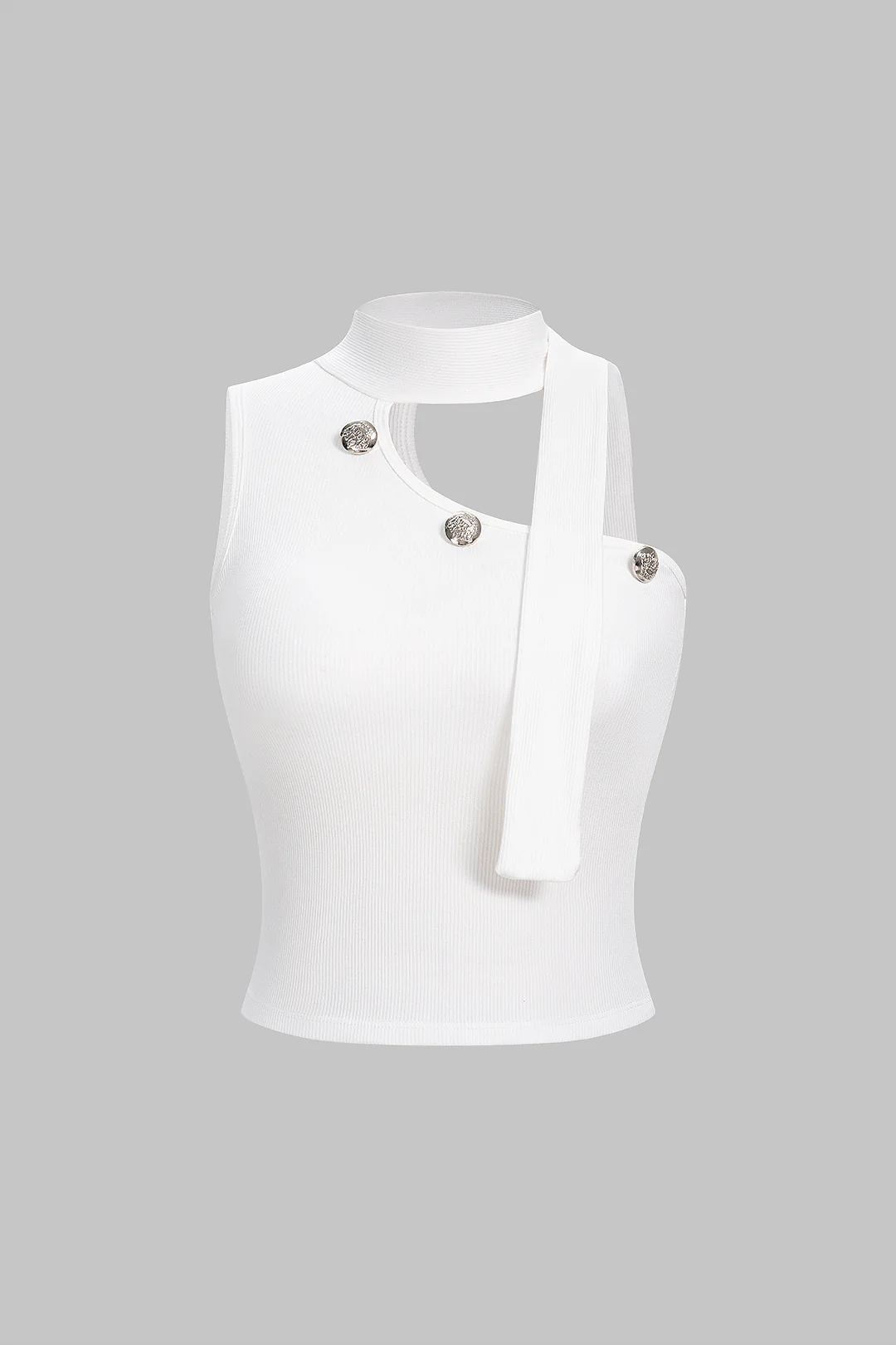 Halter Neck One Shoulder Asymmetrical Button Tank Top With Scarf - Flockneti