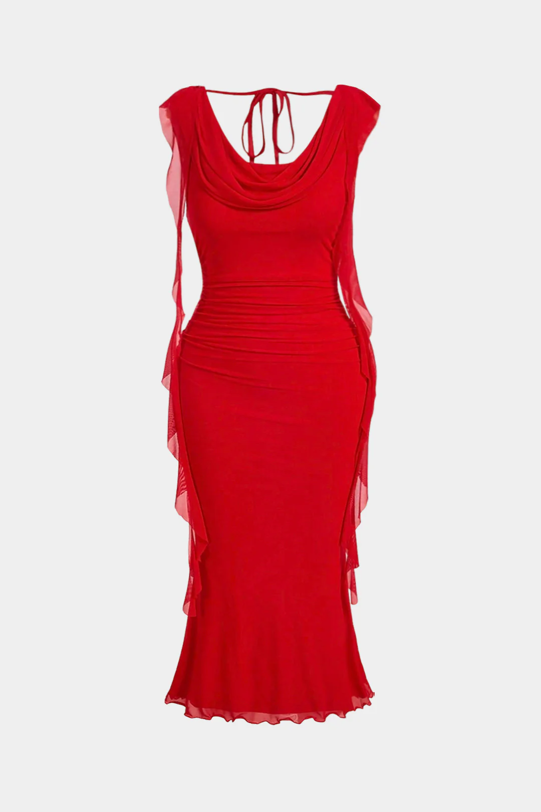 Plus Size Mesh Draped Cowl Neck Tie-Back Sleeveless Maxi Dress - Flockneti