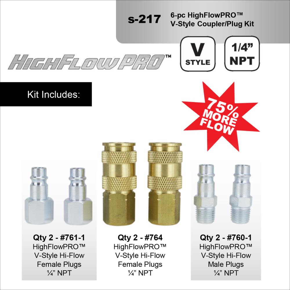Milton S-217 1/4″ NPT HIGHFLOWPRO V-Style/European Interchange Air Coupler and Plug Fitting Kit (High Volume Low Pressure Application) -6 Piece - Flockneti