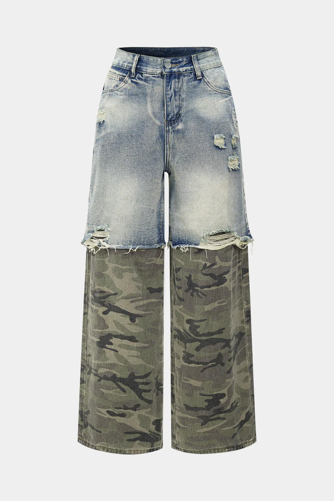 Camo Print Denim Patchwork Button Pocket Jeans - Flockneti